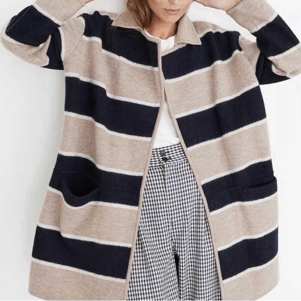 Madewell Ballard Striped Sweater Coat XS Merino Wool Tan Navy Cardigan $198 - Picture 3 of 7
